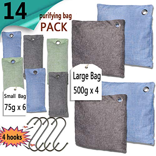 Product Cover Activated Bamboo Charcoal Air Purifying Bag Closet Shoe Deodorizer Car Air Freshener Purifier Filter Odor Eliminators Moisture Absorber For Home Basement Natural Non-Toxic Eco-Friendly 10Packs&4 Hooks