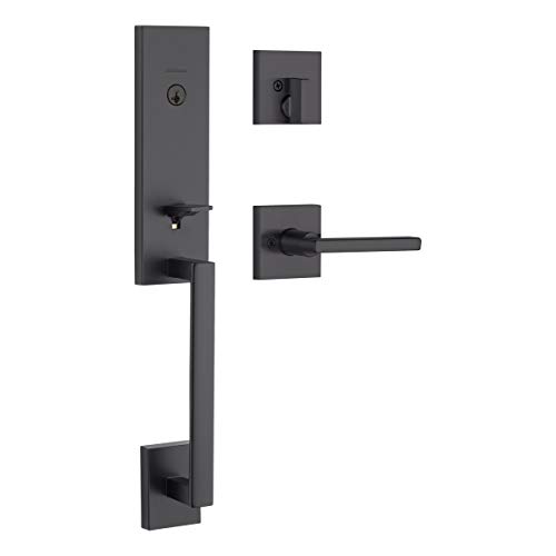 Product Cover Kwikset 98180-015 Vancouver Low Profile Front Lock Handleset with Slim Modern Halifax Door Lever Handle Featuring SmartKey Security, Iron Black