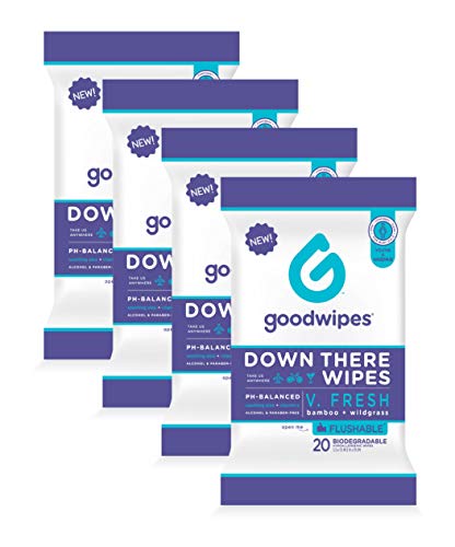 Product Cover Goodwipes Down There Feminine Flushable Wet Wipes for Women, Travel Pack, V. Fresh Scent, 20 Wipe Pack, 4 Count (80 Wipes)