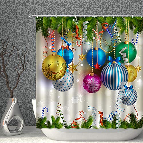 Product Cover AMNYSF Merry Christmas Shower Curtain Colorful Xmas Balls Green Pine Branches Happy New Year Decor Fabric Bathroom Curtains,Waterproof Polyester with Hooks 70x70 Inches