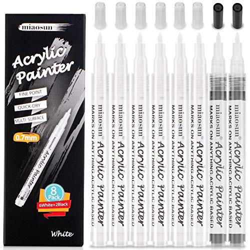 Product Cover White Paint Pen,8Pack (6Pack White and 2Pack Black)0.7mm Acrylic paint pens White Permanent Marker for Rock Painting, Stone, Ceramic, Glass, Wood by miaosun.