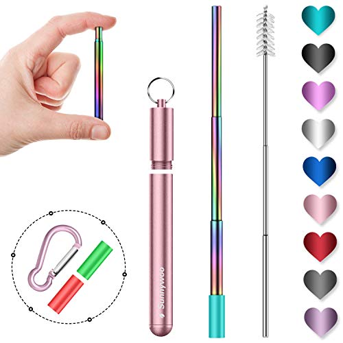 Product Cover Sunnywoo Collapsible Reusable Straws,Portable Stainless Steel Metal Drinking Foldable Straw with Rose Gold Travel Case & Cleaning Brush & Keychain & Silicon Tips for Adults and Kids (Rainbow Straw)
