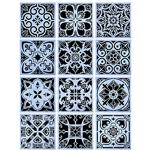 Product Cover YUEAON 12-Pack (12x12Inch) Painting Stencils for Floor Wall Tile Fabric Furniture Wood Burning Art&Craft Supplies Mandala Template-reuseable
