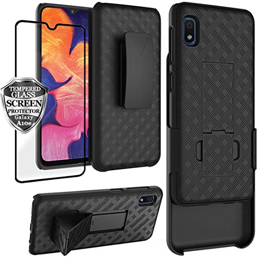 Product Cover Galaxy A10e Case Holster with Screen Protector Tempered Glass, Ailiber Rugged Full Body Shockproof Armor/Belt Clip/Kickstand Holder 2in1 Slim Hard Protective Cover for Samsung GalaxyA10E -Black