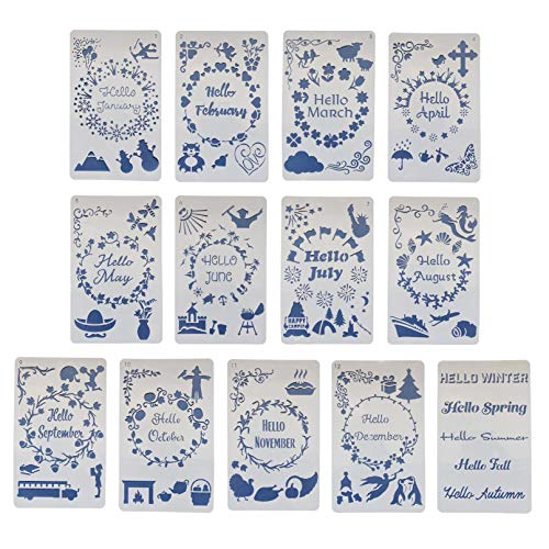 Product Cover 13pcs Monthly Stencils Drawing Painting Templates Set, 1-12 Months and Season Fun Themes Words Borders Journal Stencils for Scrapbooking Craft Projects Stamping Album Card
