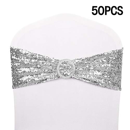 Product Cover Desirable Life Pack of 50 Chair Sashes Sequin Chair Stretch Spandex Bands Decorative Bows for Romantic Wedding Party Festival Home Chair Cover Sash Decorations Ceremony Banquet Hotel Reception