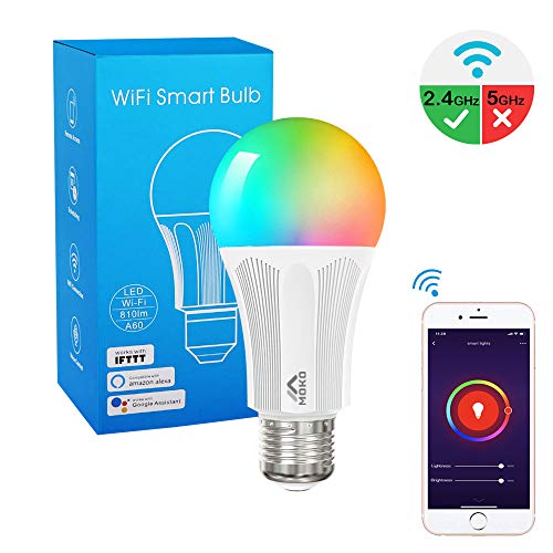 Product Cover MoKo Smart LED Light Bulb, E26 9W Dimmable Light, RGB Warm White Light, Work with Alexa Echo,Google Home & IFTTT for Voice Control, Remote Control, No Hub, Only Supports 2.4GHz Network, White