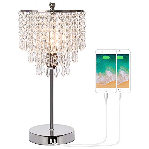 Product Cover Touch Control Crystal Table Lamp with Dual USB Charging Ports, 3-Way Dimmable Bedside Touch Lamp Decorative Nightstand Lamp with Elegant Lamp Shade for Living Room Bedroom, B11 6W LED Bulb Included