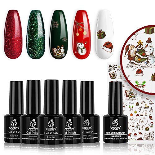 Product Cover Beetles Gel Nail Polish Set, Christmas Holiday Collection Sparkle Red Green Gel Polish Kit Soak Off UV LED Gel Nail Kit Manicure Gift with Nail Strengthener Gel and Christmas Stickers