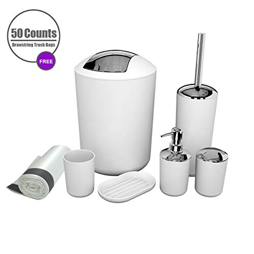 Product Cover MIKOSI 6 Piece Bathroom Accessories Sets,Bathroom Set 6 Pieces Plastic Lotion Dispenser,Toothbrush Holder,Bathroom Tumblers,Soap Dish,Trash Can,Toilet Brush Set with Drawstring Trash Bags (White)