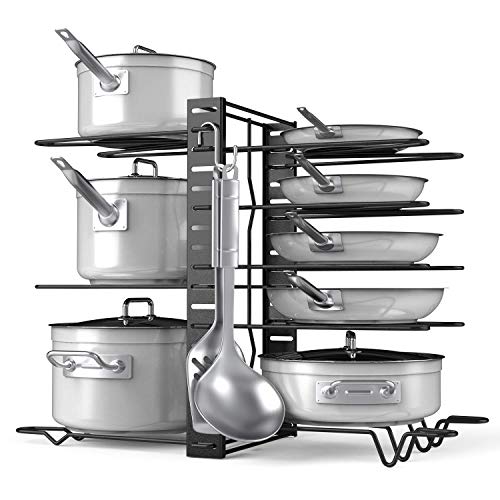 Product Cover Pot Rack Organizer-Adjustable 8+ Pots and Pans Oragnizer, Kitchen Counter and Cabinet Pot Lid Holder with 3 DIY Methods (6 Hooks Included)