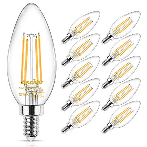 Product Cover Ascher E12 Candelabra LED Light Bulb, 60 Watt Equivalent, 550 Lumens, Warm White 2700K, Decorative Candle Base, Filament Clear Glass, Non-Dimmable, Pack of 10