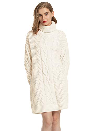 Product Cover MessBebe Women's Cable Knit Turtleneck Sweater Dresses Long Sleeve Chunky Pullover Sweaters for Women Oversized Winter Dress White