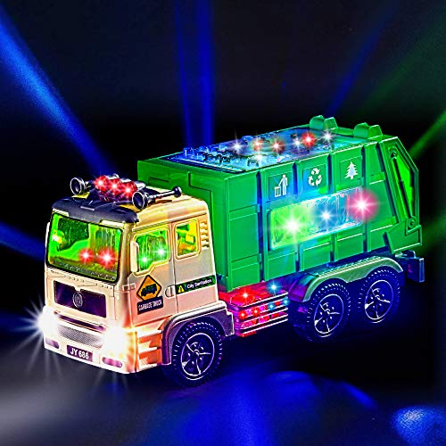 Product Cover Zetz Brands Toy Garbage Truck for Kids with 4D Lights and Sounds - Battery Operated Automatic Bump & Go Car - Sanitation Truck Stickers