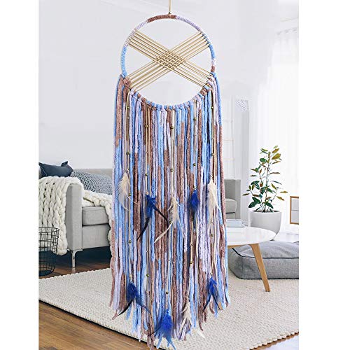 Product Cover KHOYIME Blue Dream Catcher Large Dream Catchers Traditional Handmade Beige and Blue Feathers Wall Hanging for Kids Bedroom Home Decorations Ornament Decor Craft Gift