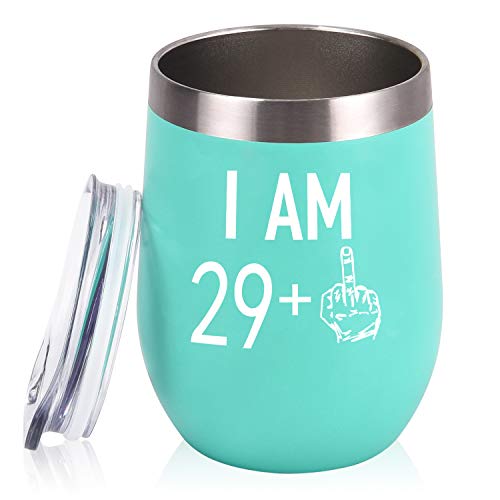 Product Cover 29 Plus One Middle Finger Wine Tumbler 30th Birthday Gifts for Women, Turning 30 Funny Tumbler Gifts Idea for Best Friends Wife Mom Coworkers, 12 Oz Insulated Tumbler Glasses, Mint