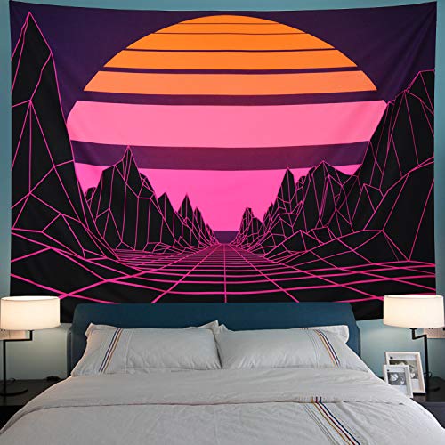 Product Cover Leofanger Sun Tapestry Mountain Tapestry Abstract Purple Mountains Tapestry Retro Geometric Wave Tapestry Wall Hanging for Living Room Dorm (L-78.7