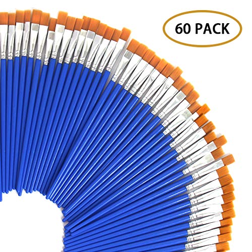Product Cover 60 Pcs 9mm Wide Flat Paint Brushes Set with Nylon Hair,Small Brush Bulk for Detail Painting,Short Plastic Handle,Acrylic Oil Watercolor Fine Art Painting for Kids,Students,Starter,Teens, Adults, Artis
