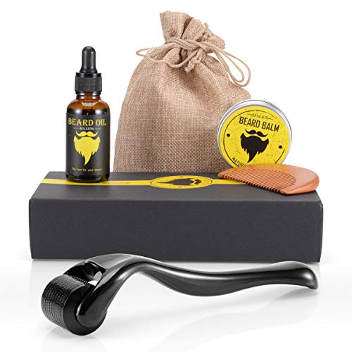 Product Cover Beard Growth Kit, Derma Roller with Beard Growth Oil Serum for Men Patchy Facial Hair Growth Titanium Microneedle + Balm Wax + Comb, Best Gift for Men