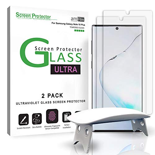 Product Cover amFilm Ultra Glass Screen Protector for Galaxy Note 10 Plus 2019, (2 Pack) UV Gel Application, Tempered Glass, Compatible with UltraSonic FingerPrint Scanner for Galaxy Note 10 Plus(2019)