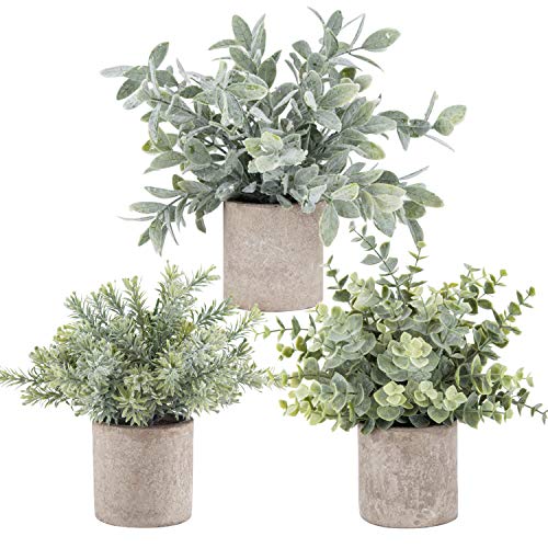 Product Cover 3 Pack Mini Potted Fake Plants Artificial Plastic Eucalyptus Plants for Home Office Desk Room Decoration
