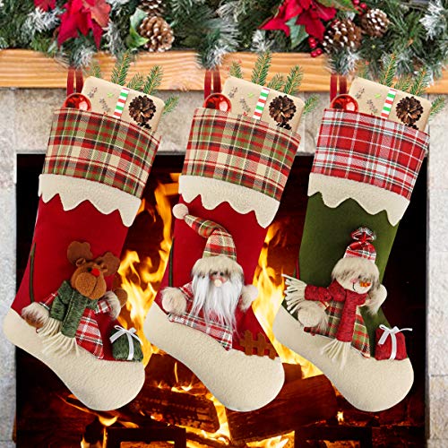 Product Cover Aitey Christmas Stockings, 18 inches Large Family Christmas Stockings Set of 3 Character Santa, Snowman, Reindeer 3D Plaid Plush with Faux Fur Cuff Xmas Decorations for Kids