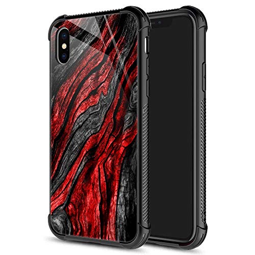 Product Cover iPhone Xs Max Case,9H Tempered Glass iPhone Xs Max Cases for Men Boys, Black Red Wood Grain Pattern Design Shockproof Anti-Scratch Case for Apple iPhone Xs MAX 6.5-inch Wood Grain