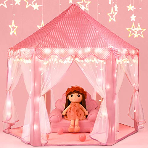 Product Cover Moncoland Princess Castle Girls Play Tent Toy Kids Large Fairy Playhouse Gift for Children Toddlers Indoor and Outdoor Games with Star Lights(Pink)
