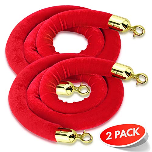 Product Cover (2-Pack) 5 Feet Red Velvet Rope for a Stanchion Stands Amazing for Crowd Control, Works as a Barrier for a VIP Party Brass Gold Color Plated Hooks