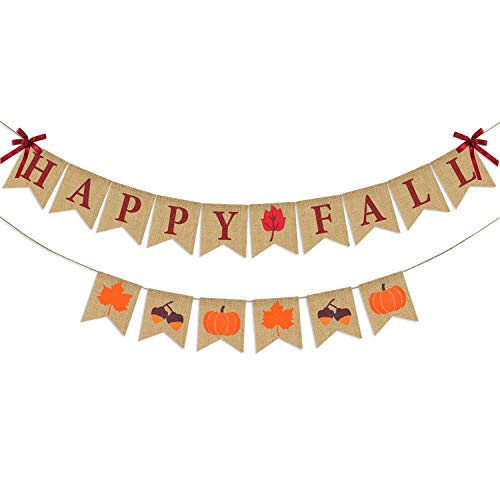 Product Cover Thanksgiving Fall Decorations, Happy Fall Burlap Banner and Autumn Pumpkins Maple Leaves Acorn Garlands Bunting, Mantel Fireplace Decor