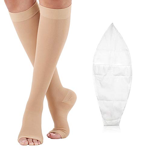 Product Cover Compression Socks Open Toe 20-30 mmHg for Women Men Knee High Compression Stockings for Varicose Veins, Edema & Post Surgical with Free Auxiliary Wear Socks Sleeve M