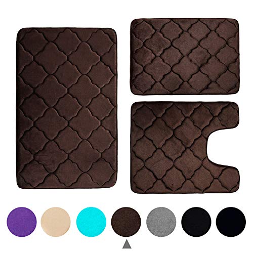 Product Cover Buganda 3 Piece Memory Foam Bath Rugs Set - Extra Soft Velvet Non Slip Absorbent Bath Mats, Small Large Bathroom Rugs and Contour Mat, Coffee