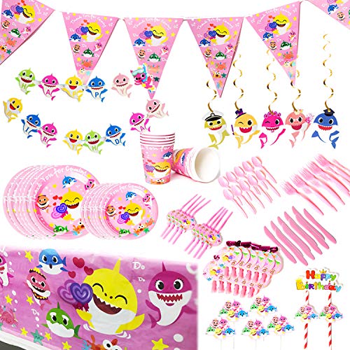 Product Cover Baby Cute Party Supplies Set, 126 Pieces Party Decoration For Baby Birthday Favor, Shark Party Tableware Cake Topper Banner Pennant Hanging Decorations Whistle Straws and Dessert Set, Doo Doo Decorations Supplies (Pink)