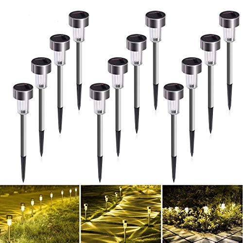 Product Cover SUNNEST Solar Garden Lights Outdoor 12 Pack, LED Solar Powered Pathway Lights, Stainless Steel Landscape Lighting for Lawn, Patio, Yard, Walkway, Driveway Warm White