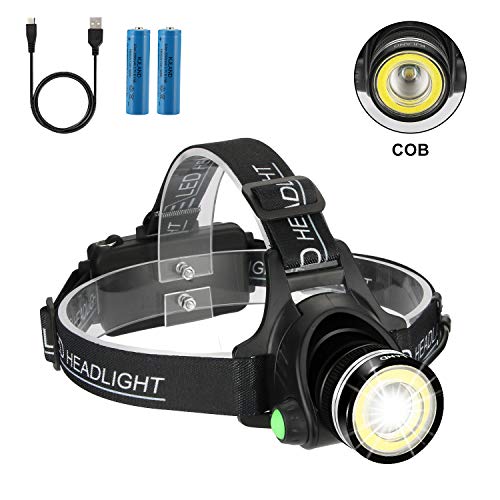 Product Cover Headlamp Flashlight, 2 in 1 Newest Headlight T6 Spot(Zoomable)+COB Board Flood Light, 6000 Lumen Waterproof USB Rechargeable Hard Hat Head lamp, Up-Close Work Head Light for Outdoor Camping Hunting