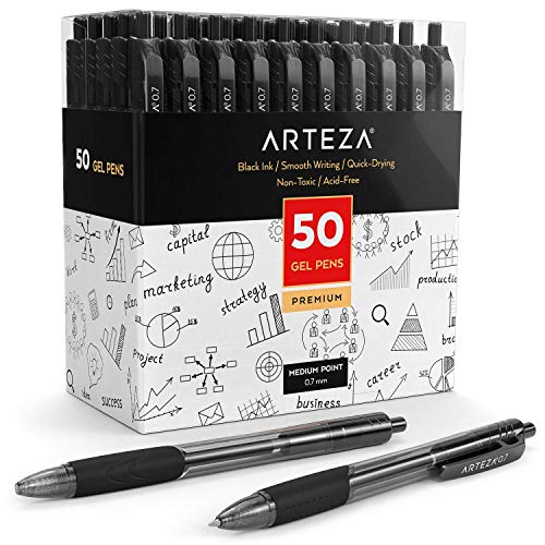 Product Cover Arteza Gel Pens, Set of 50 Black Roller Ball Bullet Journal Pens, Quick-Drying Ink, Fine Point for Writing, Taking Notes & Sketching