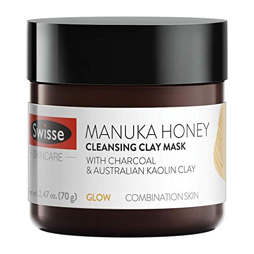 Product Cover Swisse Natural Skincare Manuka Honey Australian Kaolin Clay Face Mask | For Combination Skin | Cleanses, Purifies, Hydrates | Charcoal, Norwegian Kelp & Red Algae, and Aloe Vera Extract | 2.47 Oz