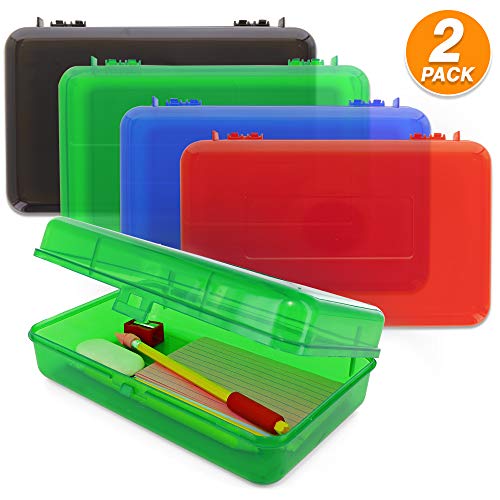 Product Cover Emraw Multipurpose Utility Box Large Assorted Colors Durable Plastic Polypropylene Pencil Box with Lid Snap Closure Translucent View Storage Box for Pencils and Pens Pack of 2