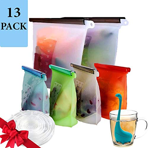 Product Cover Reusable Silicone Food Storage Bags/13 Pcs Airtight Food Storage Container/Sandwich Bag Lunch Bag for Meat Fish Vegetable Fruit Juice+Silicone Stretch Lids+Dino Tea Infuser