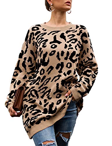 Product Cover Women's Leopard Print Pullover Sweater Long Sleeve Crew Neck Tunic Loose Camouflage Top Ribbed Knit Jumper Khaki XL