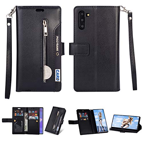 Product Cover FLYEE Galaxy Note 10 Plus Wallet Case 5G, 10 Card Slots Leather Zipper Purse case Flip Kickstand Folio Magnetic with Wrist Strap Credit Cash Cover for Samsung Galaxy Note 10+ 6.8 inch [Black]