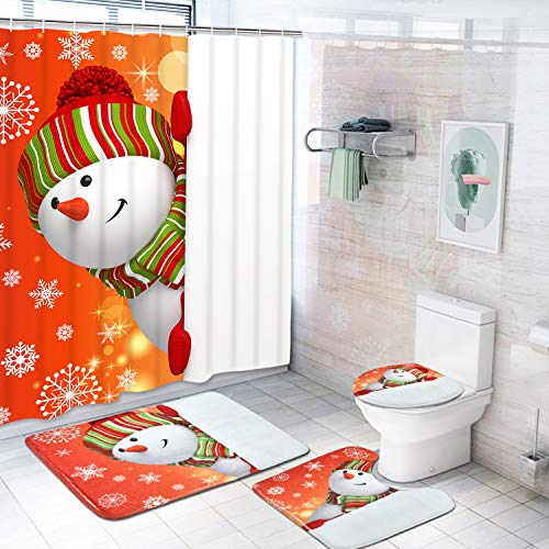 Product Cover Claswcalor 4 Pcs Merry Christmas Shower Curtain Sets with Non-Slip Rugs, Toilet Lid Cover, Bath Mat and 12 Hooks Snowman Snowflake Shower Curtain for Christmas Decoration