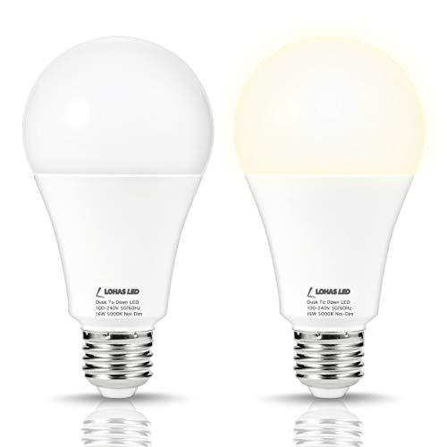 Product Cover LOHAS Dusk to Dawn LED Light Bulbs, A21 150W Equivalent Sensor Light Bulbs, E26 Base Daylight White 5000K, 1580LM Automatic On/Off LED Bulb for Yard Porch Garage Basement Hallway, Not-Dimmable, 2 pack