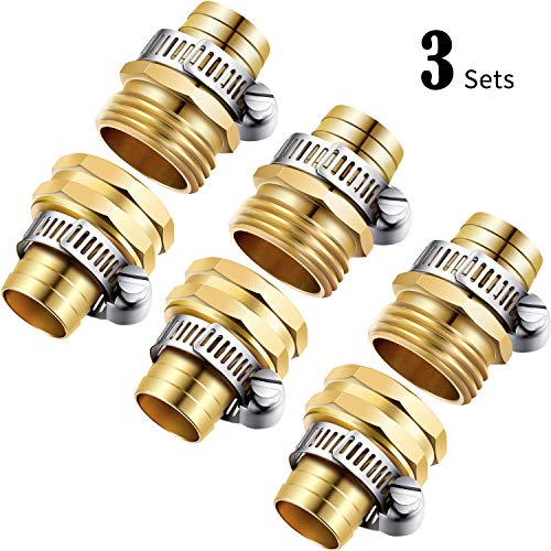 Product Cover 3 Sets 3/4 Inch Brass Garden Hose Repair Kit Mender End Water Hose End Mender Female and Male Hose Connector with 6 Pieces Stainless Steel Clamp