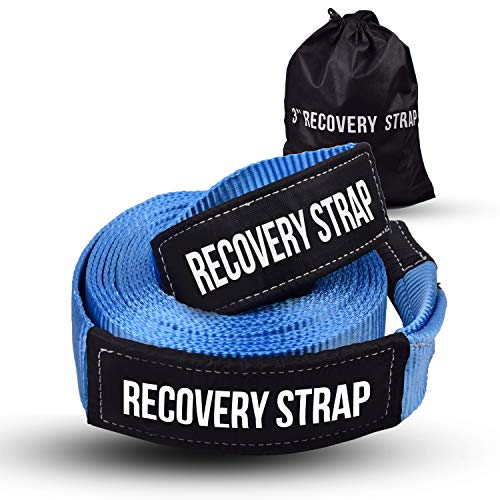 Product Cover Recovery Tow Strap 3'' x 30 ft - Lab Tested 30,000lb Break Strength - Heavy Duty Draw String bag Included - Triple Reinforced Protective Loop - Ensure Peace of Mind - Emergency Off Road Towing Rope