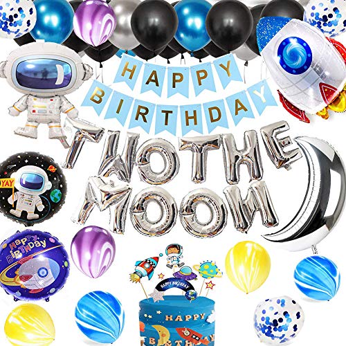 Product Cover Two the Moon Birthday Decorations Outer Space Theme Party Supplies Set Include Two the Moon Fpil Letter Balloons, Birthday Party Banner, Astronaut Rocket Balloon and Space Theme Cake Topper for Kids Science Fiction Party