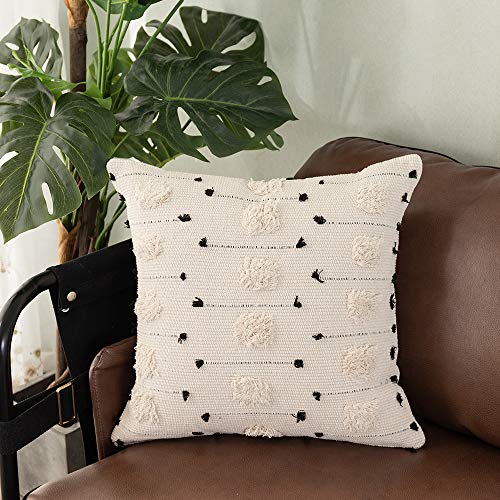 Product Cover OJIA Throw Pillow Covers Boho Decorative, Black and White Neutral Collection Accent Pillows Cover, Tufted Cushion Case Farmhouse Decor for Couch Living Room Party (18 x 18 inch, Cream Tribal)