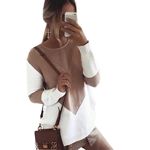 Product Cover Cogild Women's Pullover Sweaters Long Sleeve Crew Neck Color Block Loose Cable Knit Sweater Camel