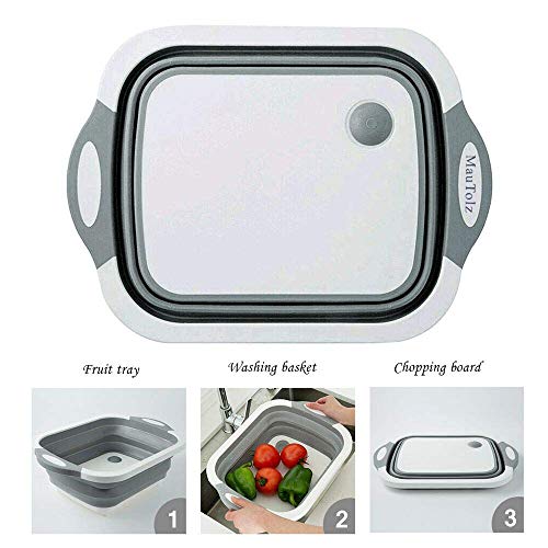 Product Cover Multipurpose 3-in-1 Collapsible Cutting Board with Pop-up Dish Hub, Foldable Food Strainers, Fruits Vegetables Drainer Basket Colander Sink Draining Storage Basket, Folding Chopping Board for Kitchen