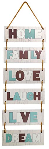 Product Cover Excello Global Products Large Hanging Wall Sign: Rustic Wooden Decor (Family, Home, Love, Laugh, Live, Dream) Hanging Wood Wall Decoration (11.75